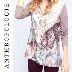 Anthropologie Akemi + Kin Wildcat Jungle Henley Top Animal Cat Graphic Linen XS